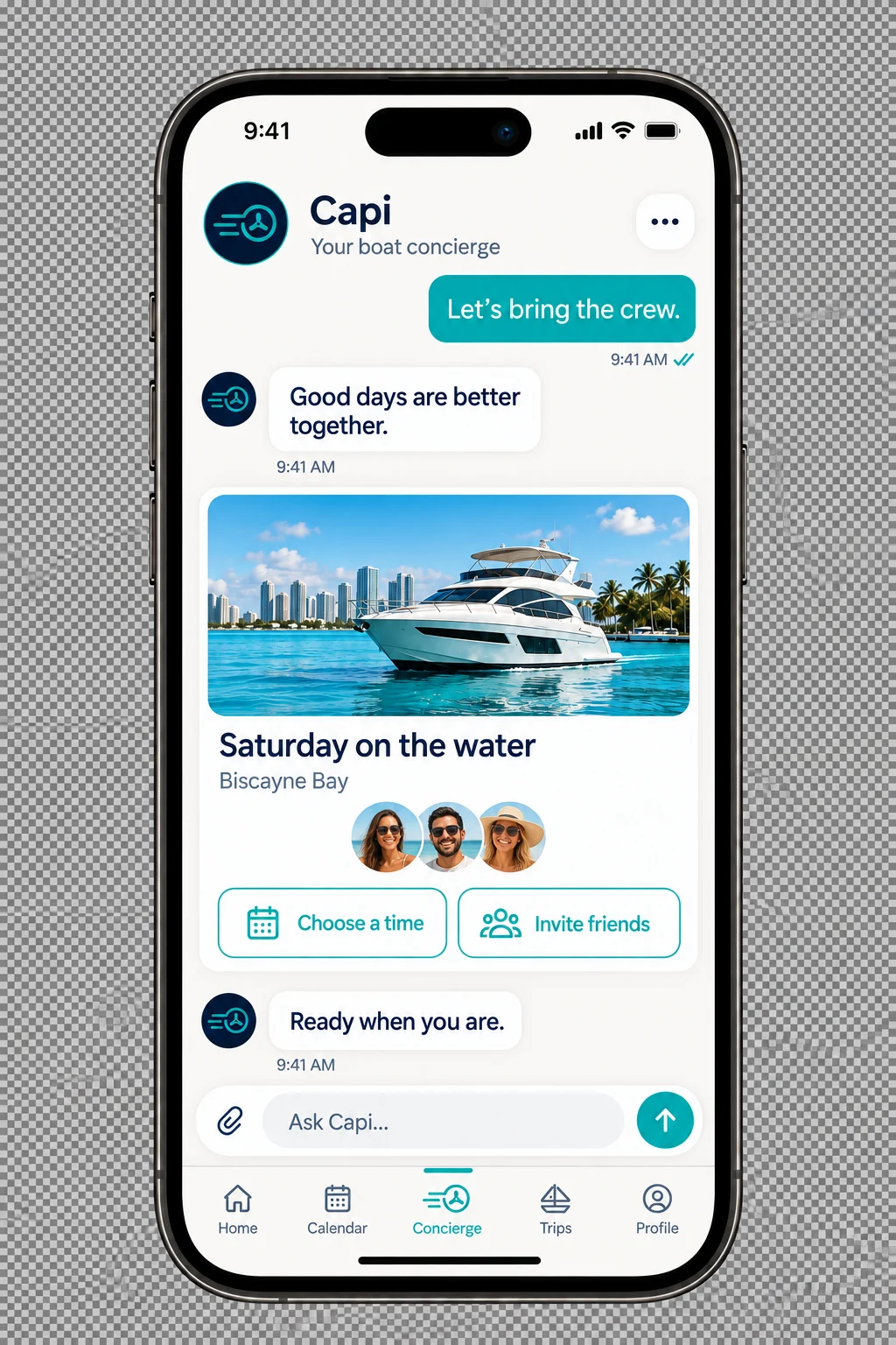 iPhone showing Capi helping coordinate a Saturday boat trip with the crew.
