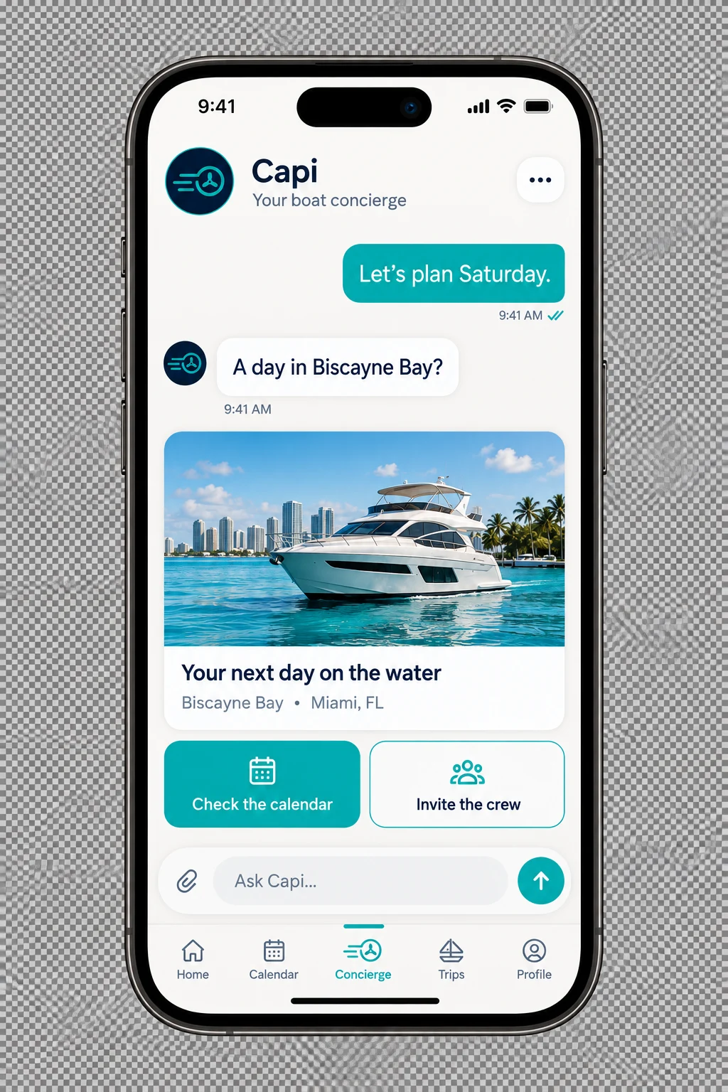 iPhone showing Capi suggesting a day in Biscayne Bay, with calendar and crew options.