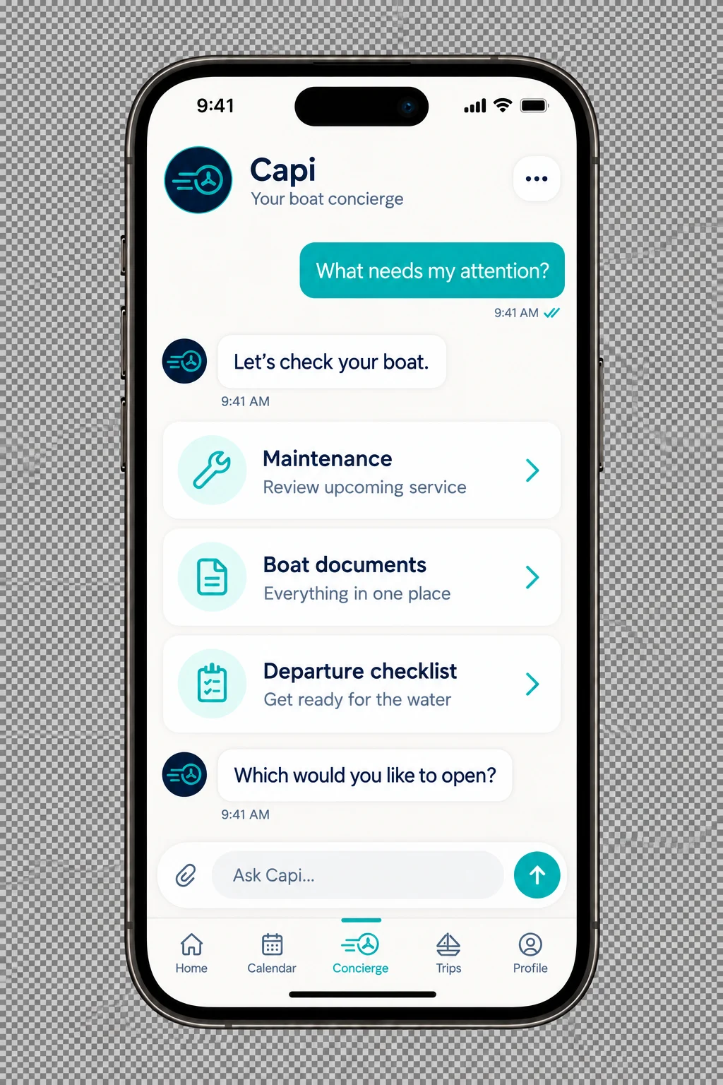 iPhone showing a Capi chat about checking the boat, with documents, maintenance and a departure checklist.